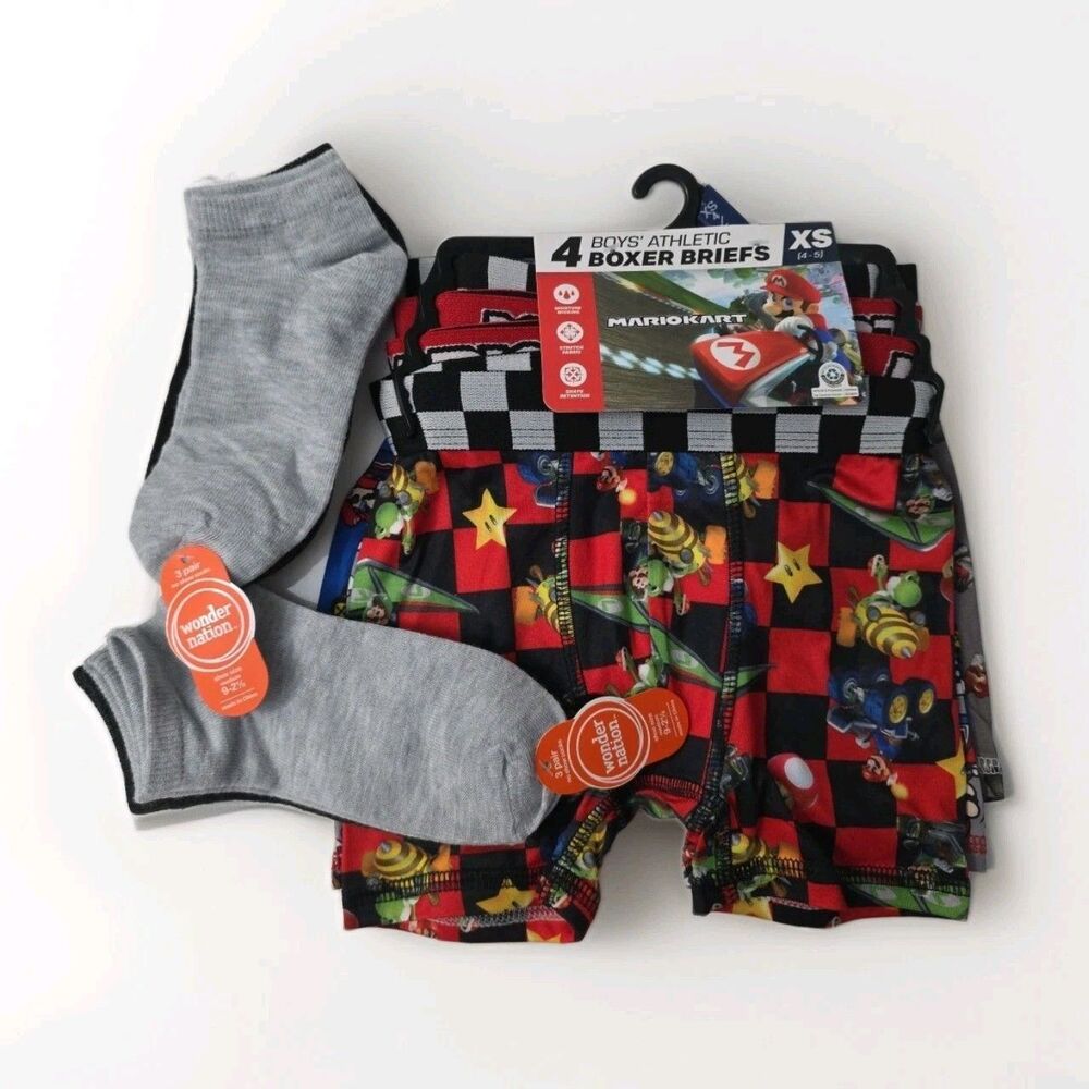 Mario Kart Boys 4pk Boxer Briefs Small 4/5 + 2x3pk Wonder Nation No Show Socks M